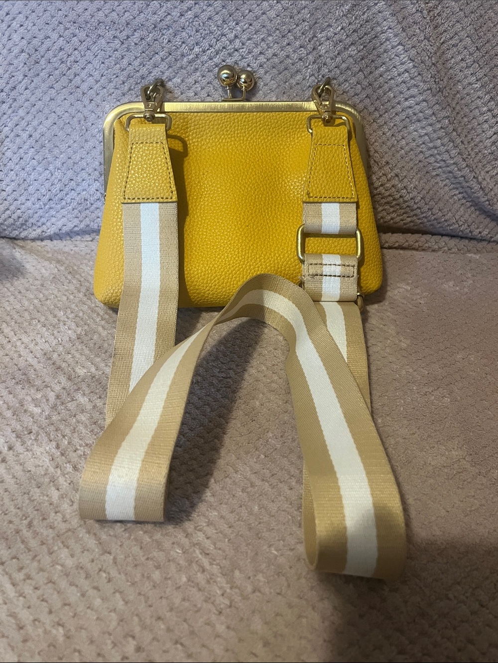 Yellow Leather Kiss-Lock Crossbody Bag with Striped Webbing Strap